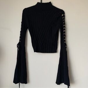 Fashion Nova Black Ribbed Mock-Neck Lace-Up Sleeve Crop Top